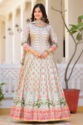 Hand work pure soft dola silk designer Gown Dress with digital print.